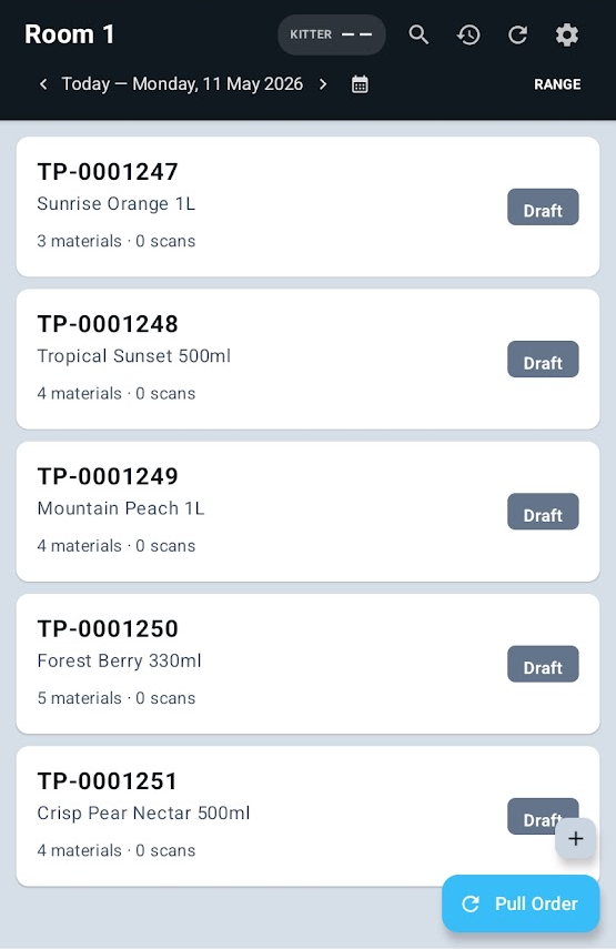 Daily production order list on the kitting tablet — five orders pulled live from SAP, each with material count and scan status