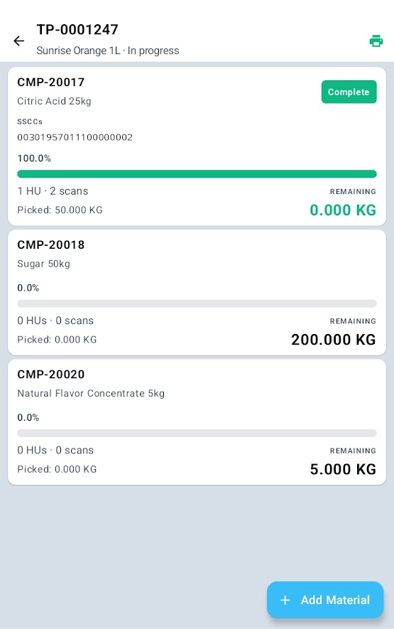 Order TP-0001247 in progress on the kitting tablet — first material verified at 100%, two remaining