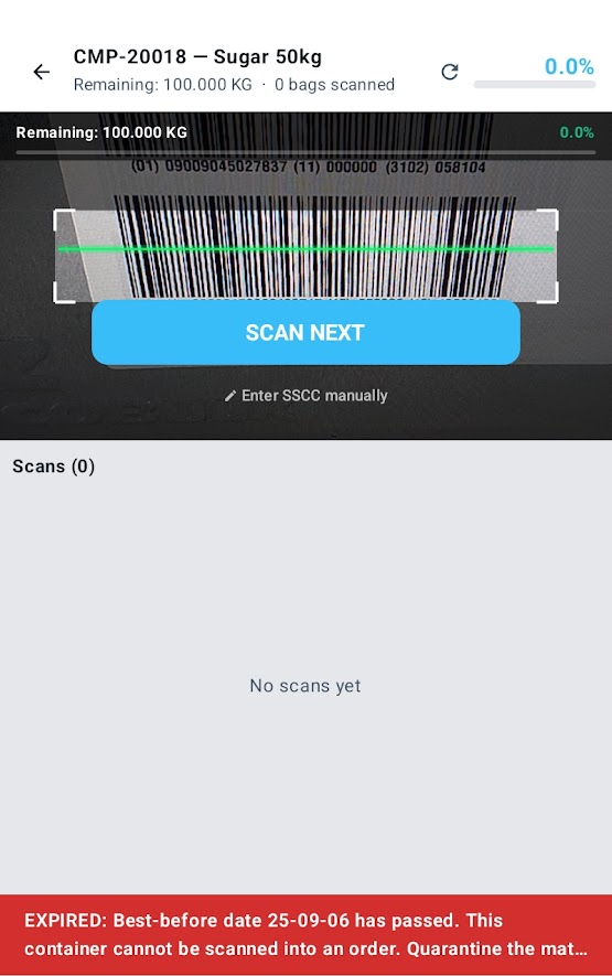 EXPIRED hard-block error — TetherPoint Sync refuses to scan an expired container, with quarantine instructions