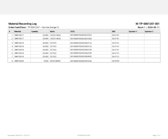 Generated PDF kit manifest — Material Recording Log showing 8 rows of scanned components with batch, SSCC, and best-before date columns