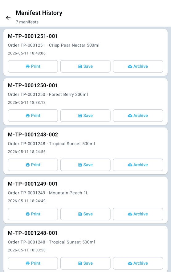Manifest History screen — list of seven completed kit manifests with Print, Save, and Archive actions per row