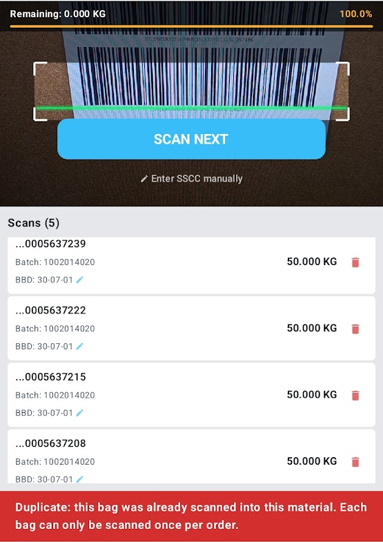 Duplicate-scan rejection — same bag scanned twice into one order is blocked at the scan with a red banner